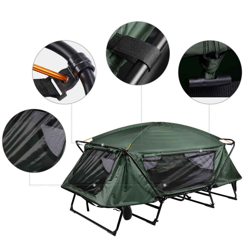 Green Double Tent Cot Folding Portable Waterproof Camping Bed for 2 Person with Rain Fly Bag P94810