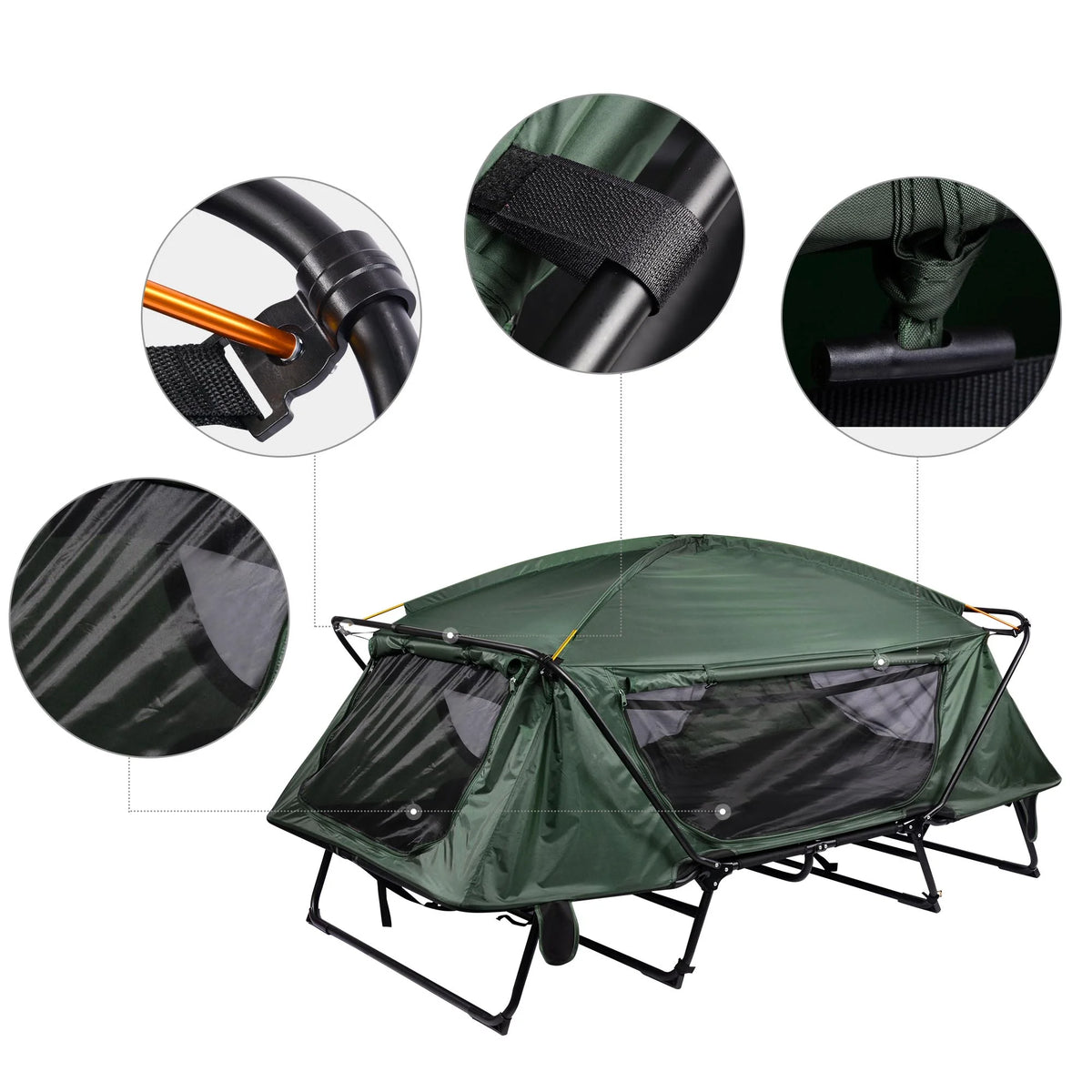 Green Double Tent Cot Folding Portable Waterproof Camping Bed for 2 Person with Rain Fly Bag P94810