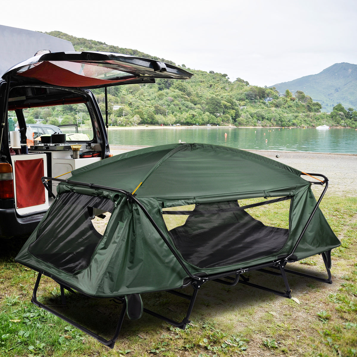 Green Double Tent Cot Folding Portable Waterproof Camping Bed for 2 Person with Rain Fly Bag P94810