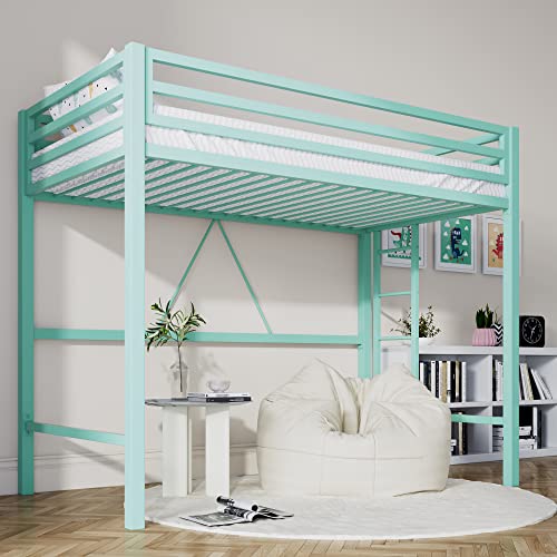 Twin Size Black Metal Loft Bed with Ladder and Guardrail H8440