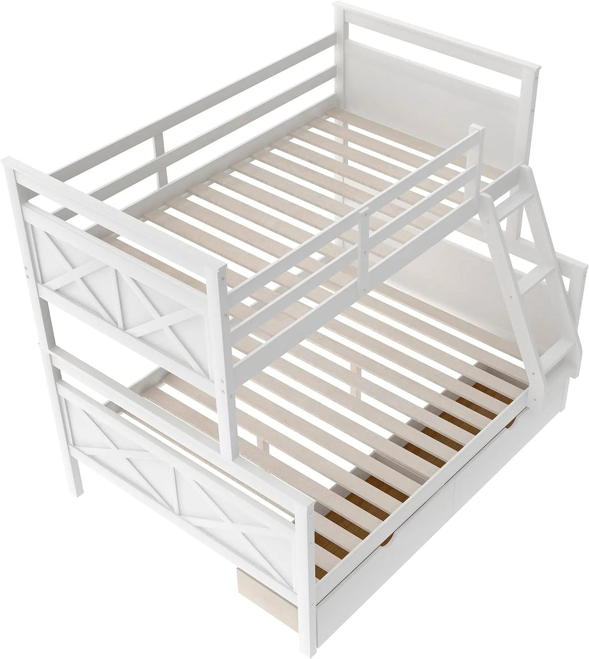 White Wooden Bunk Bed with 2 Storage Drawers and Ladder Y394
