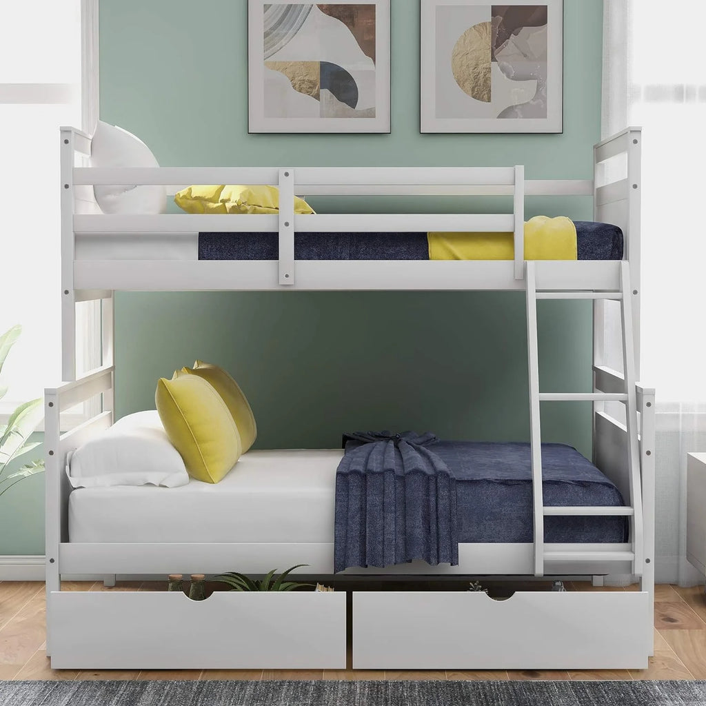 White Wooden Bunk Bed with 2 Storage Drawers and Ladder Y394