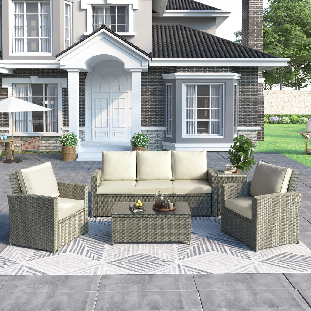 5 Piece Rattan Sectional Seating Group with Cushions and Table R5780