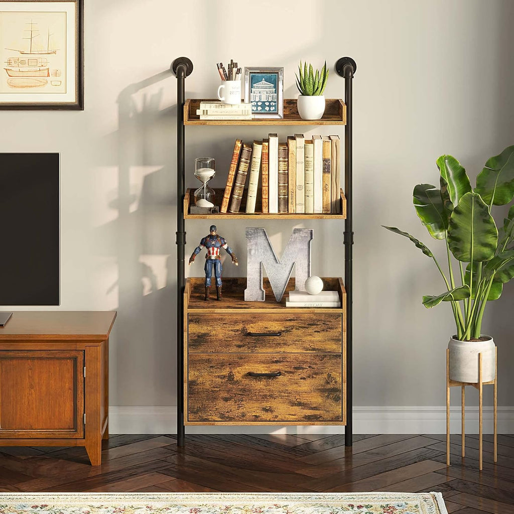 Industrial Bookshelf with 2 Wood Drawers, Wall Mounted 3-Tier Bookcase, Rustic Brown F5054