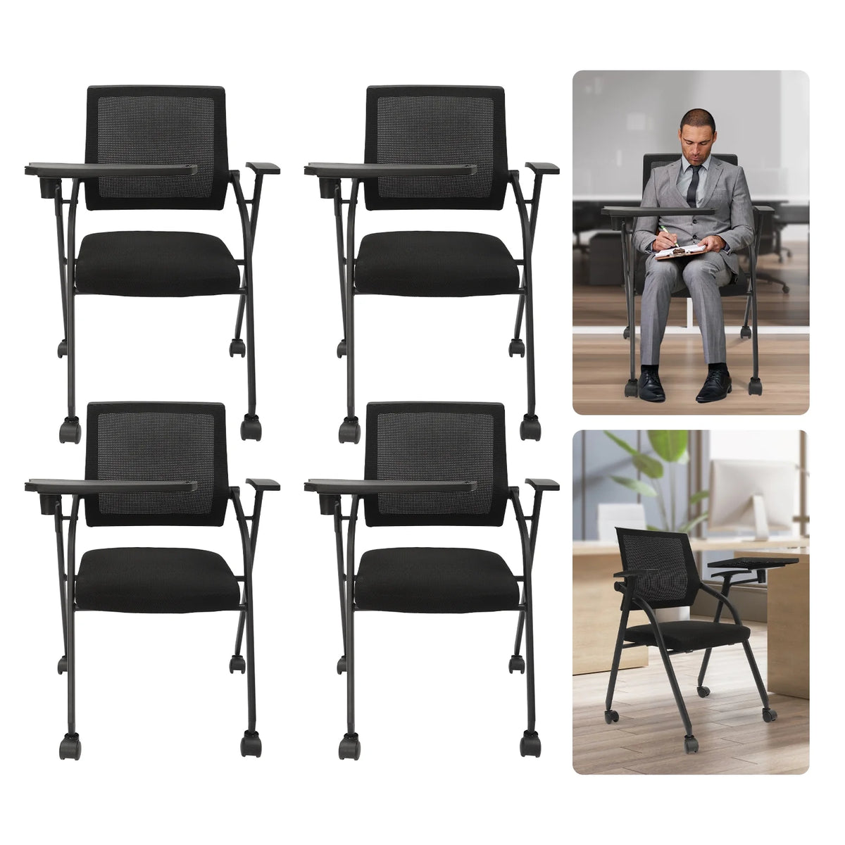 4 PCS Stackable Foldable Ergonomic Office Chair with Desktop and Wheels B671500