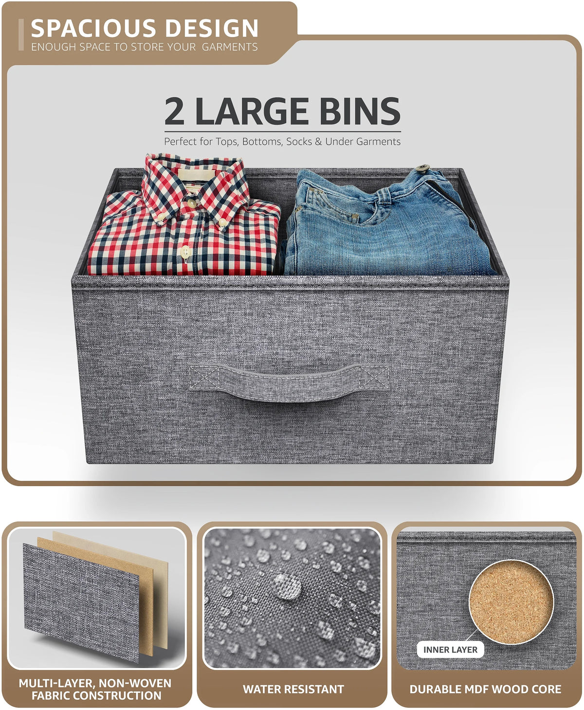 2 Drawer Nightstand with Steel Frame, Wood Top, Fabric Bins A917744