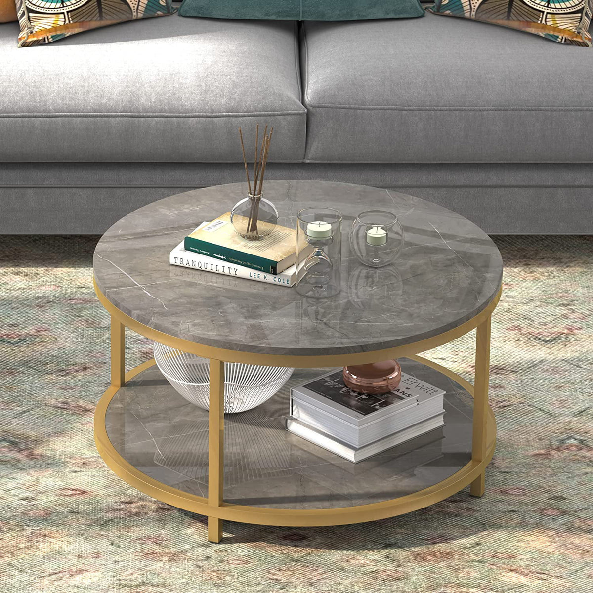 Round Coffee Table with Storage Open Shelf I205