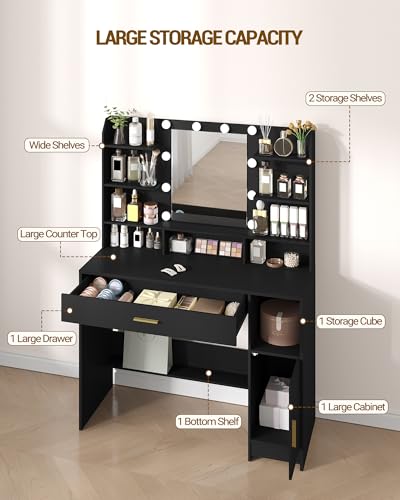 Black Vanity Desk with Mirror and 10 LED Lights R74410