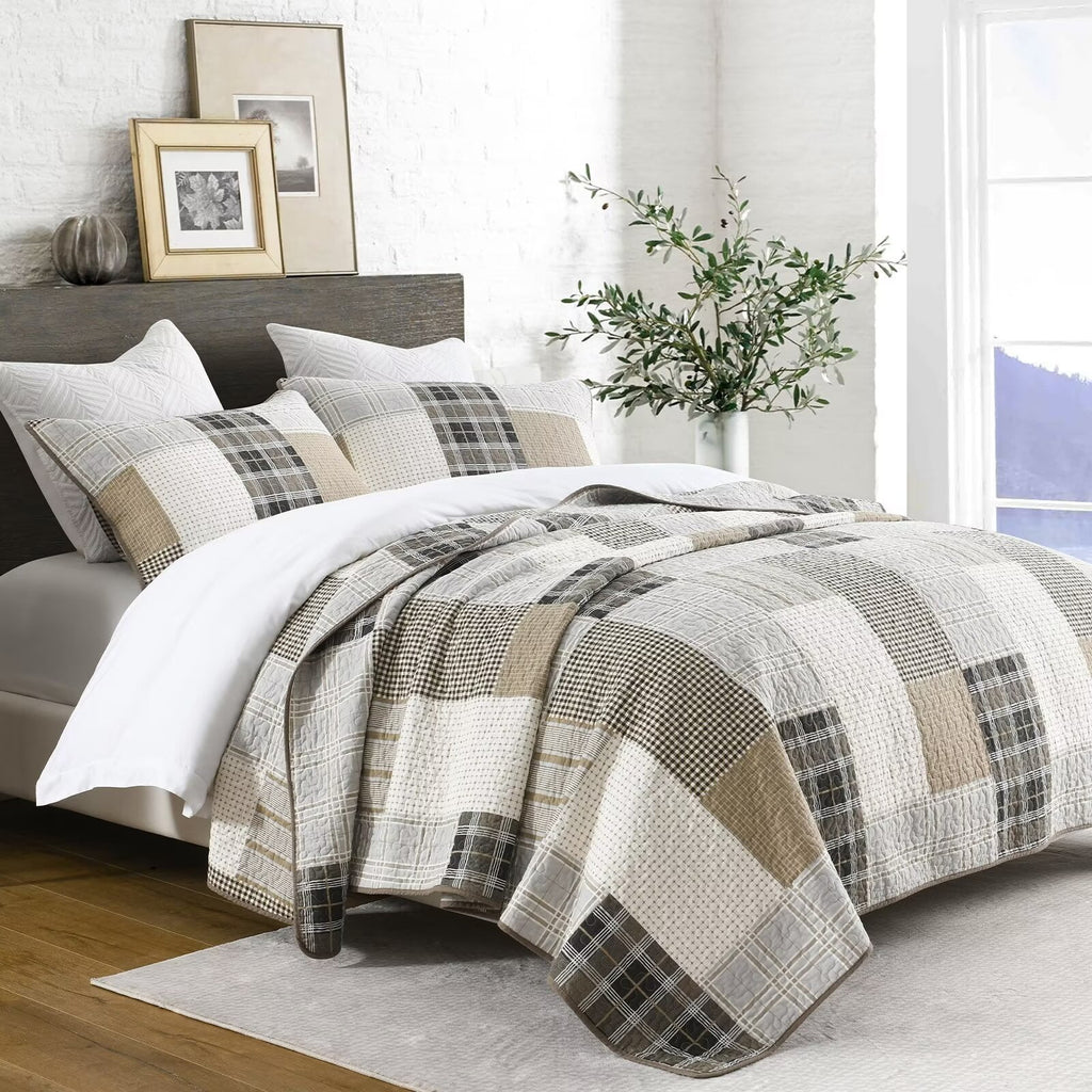 King Size 100% Cotton Beige Brown Patchwork Plaid Quilt Set 3-Piece O4744