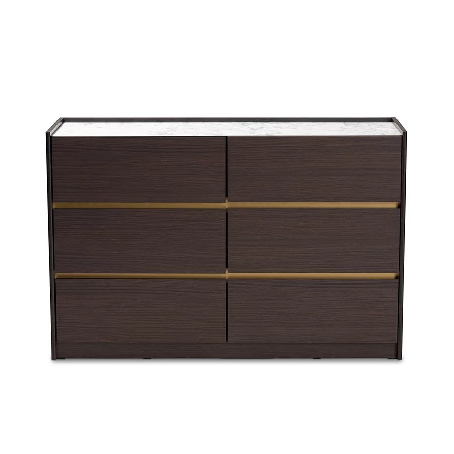 Dark Brown Gold Wood 6-Drawer Dresser with Faux Marble Top S6118