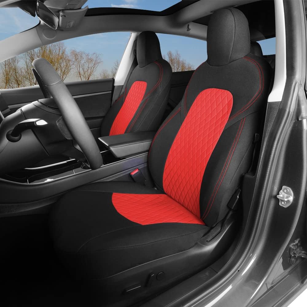 Red and Black Fabric Car Seat Cover Set for Tesla Model 3/Y Q985454