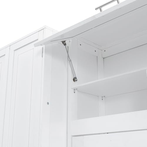 Queen Murphy Bed with Desk, Foldable Queen Wood Wall Bed with Storage Shelves, White Y990934