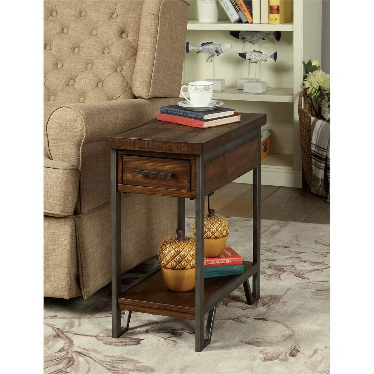 Farmhouse Wood 1-Drawer Side Table in Oak F82911