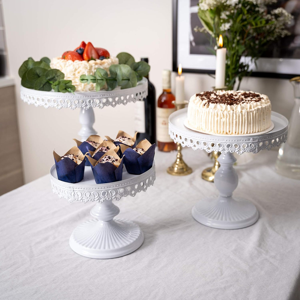 Set of 3 Antique Round Metal Cake Stands 12, 10, 8 Inch White M683
