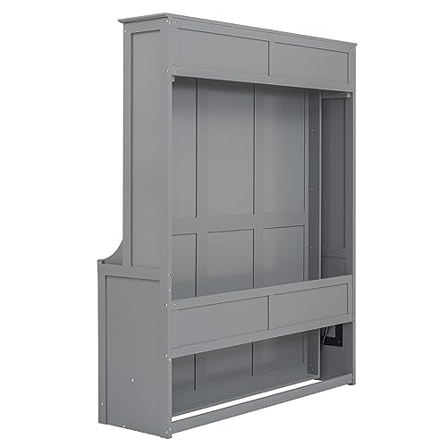 White Queen Size Murphy Bed with Storage Shelves and LED Lights E2334