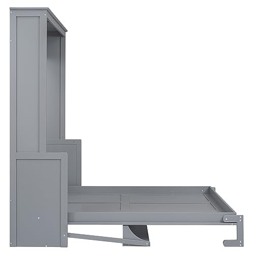 White Queen Size Murphy Bed with Storage Shelves and LED Lights E2334