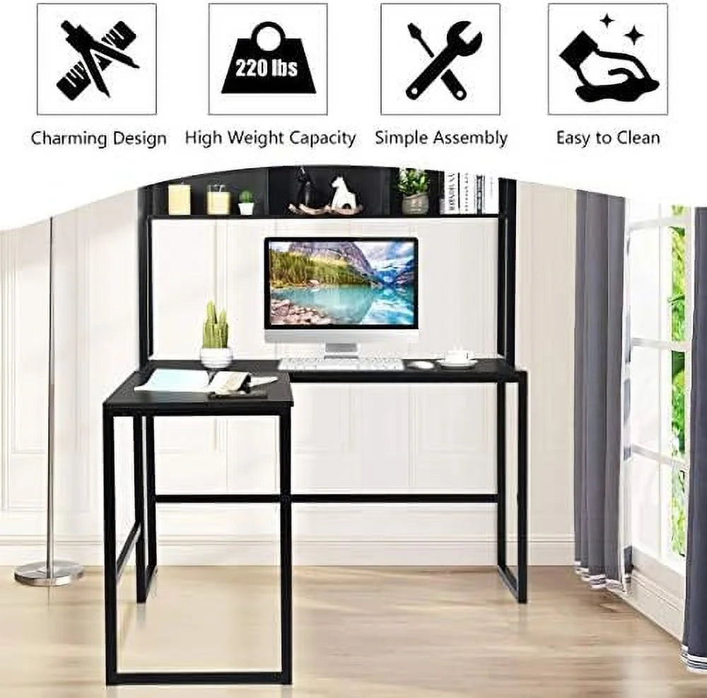 Reversible L-Shaped Corner Computer Desk with Hutch T4025