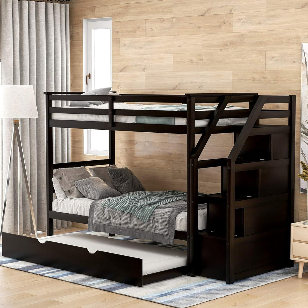 Grey Wood Twin Over Twin Bunk Bed with Trundle and Storage Drawers C513211