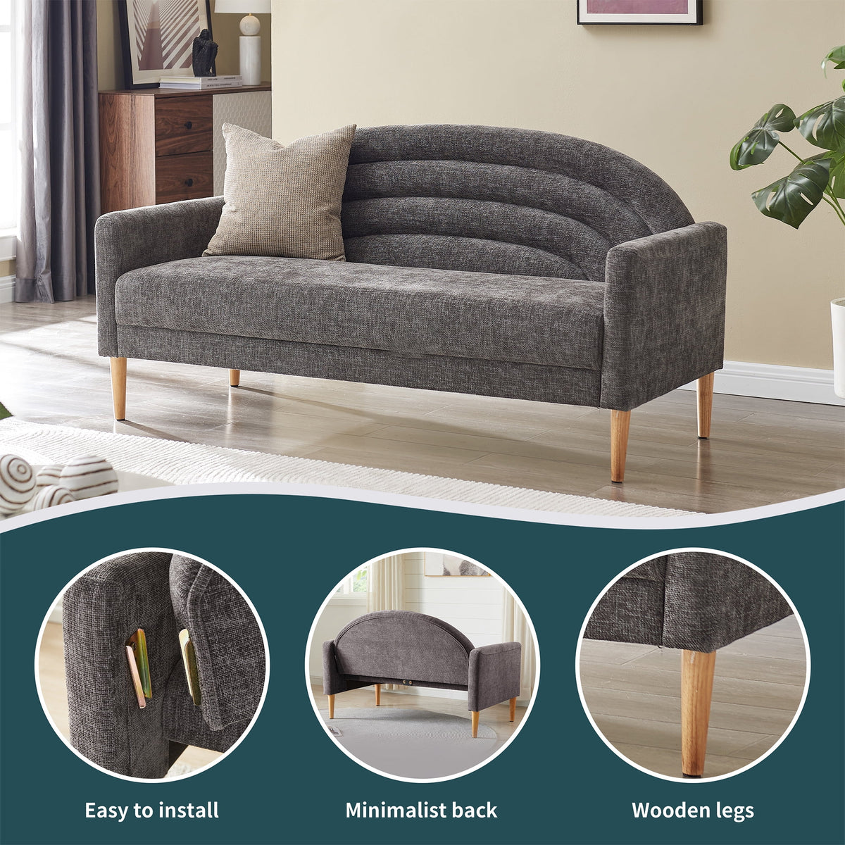 65" Grey Upholstered Three-seater Sofa T58112