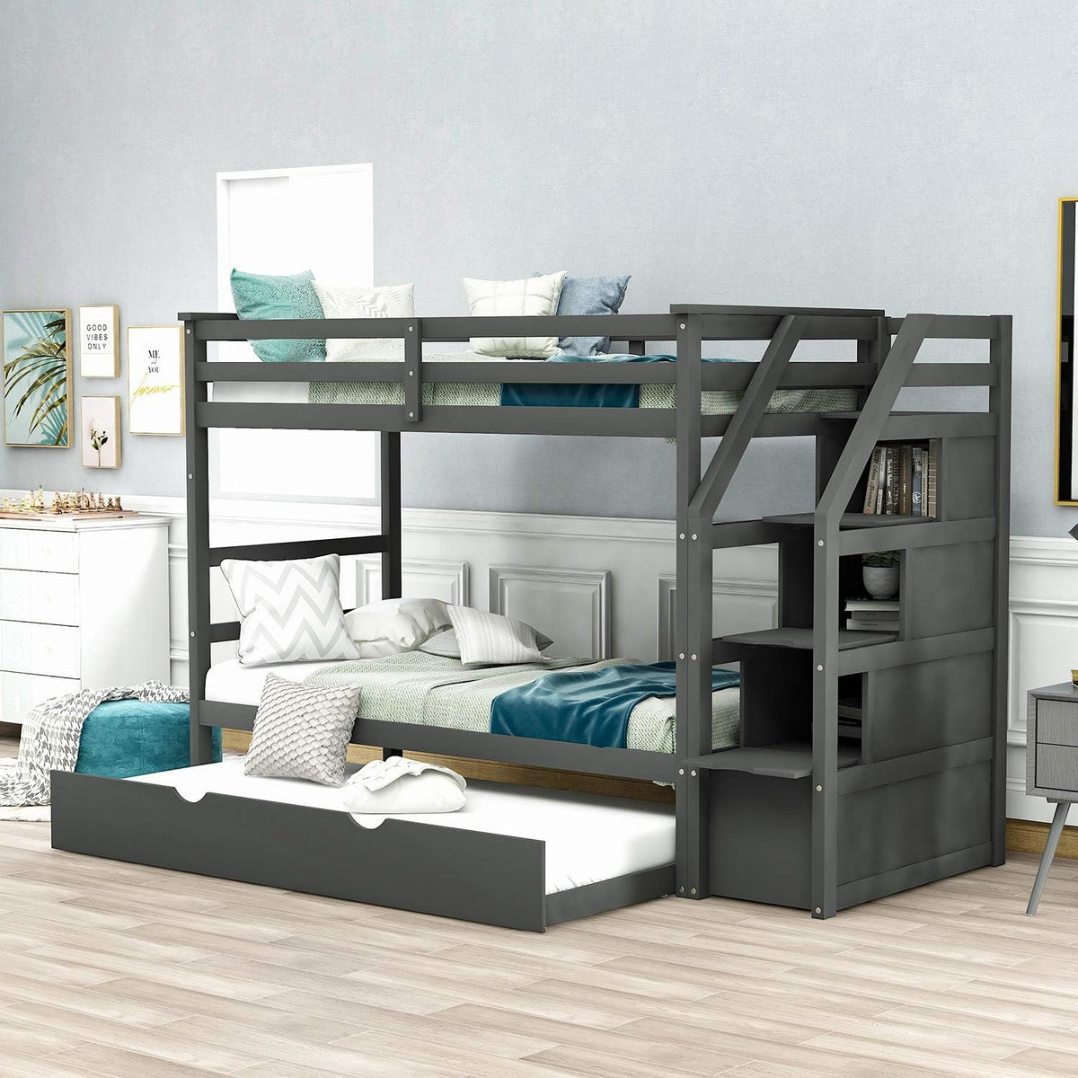 Grey Wood Twin Over Twin Bunk Bed with Trundle and Storage Drawers C513211