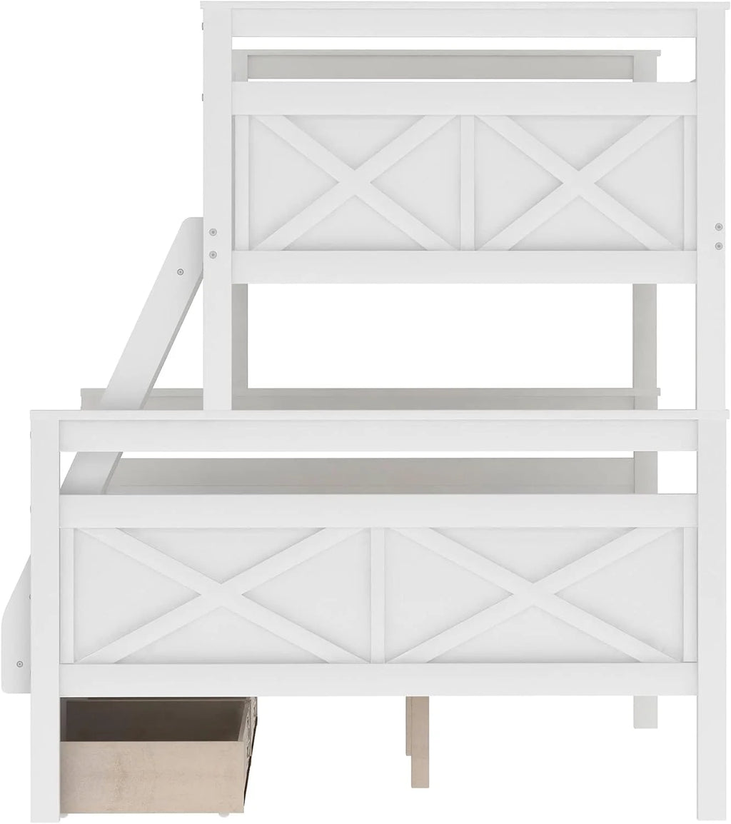 White Wooden Bunk Bed with 2 Storage Drawers and Ladder Y394
