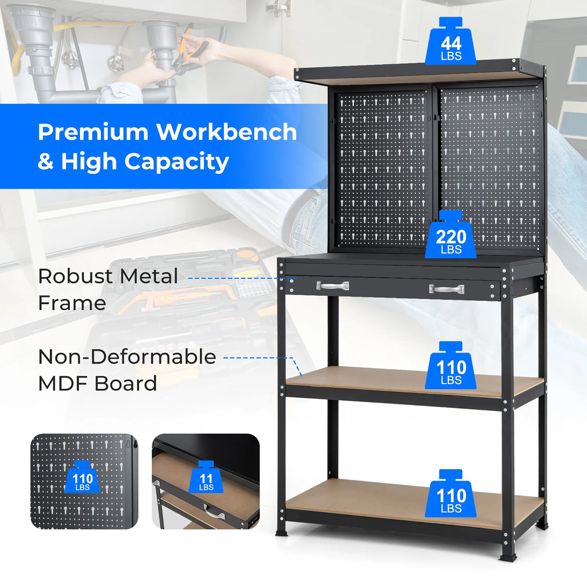Heavy-Duty Workbench with 2 Shelves Q955543