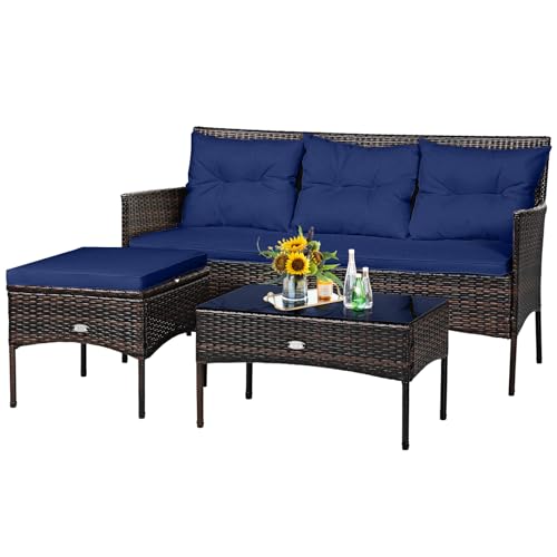3 Pieces PE Rattan Wicker Patio Conversation Set with Cushions and Tempered Glass Coffee Table I98458