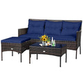 3 Pieces PE Rattan Wicker Patio Conversation Set with Cushions and Tempered Glass Coffee Table I98458