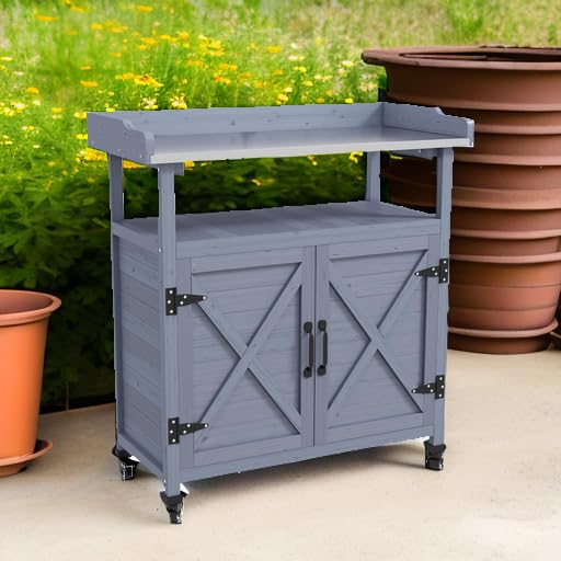 Wooden Potting Bench Table with Storage Cabinet H4979