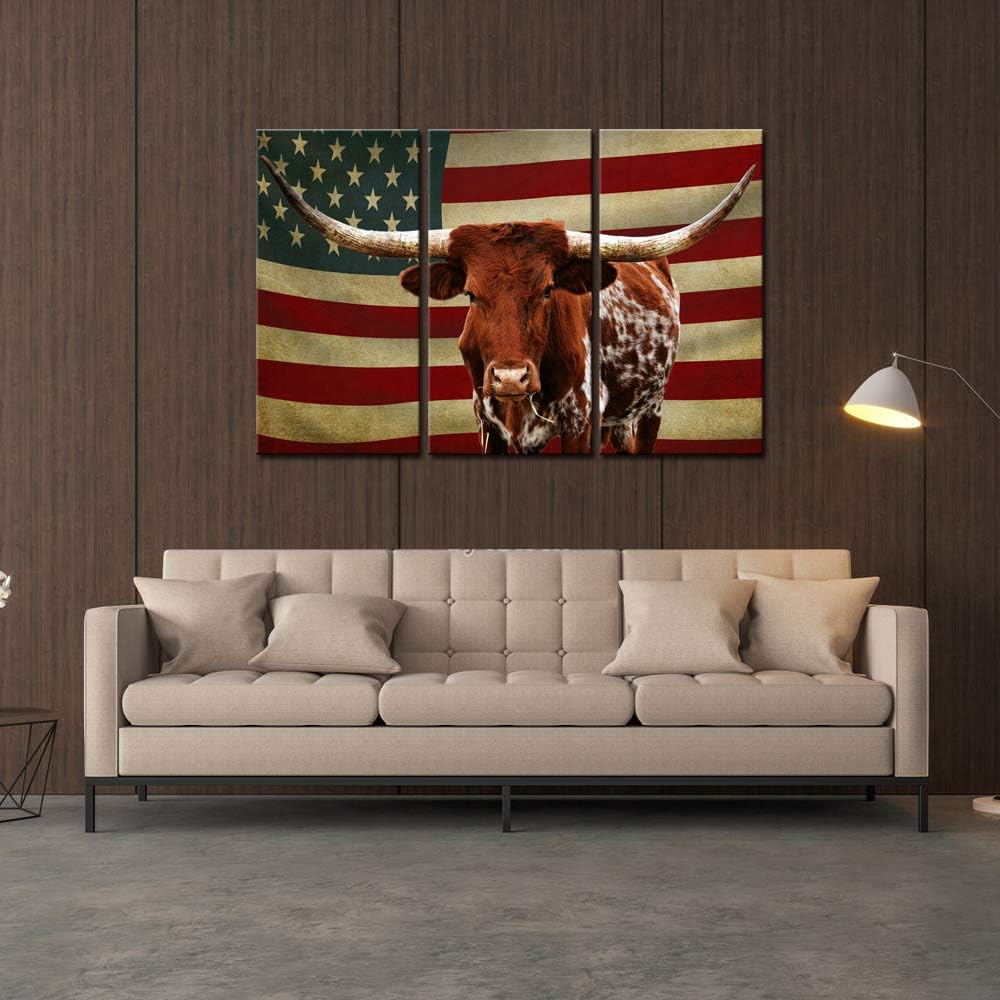 3 Piece Canvas Print Texas Longhorn with American USA Flag Wall Art R528718