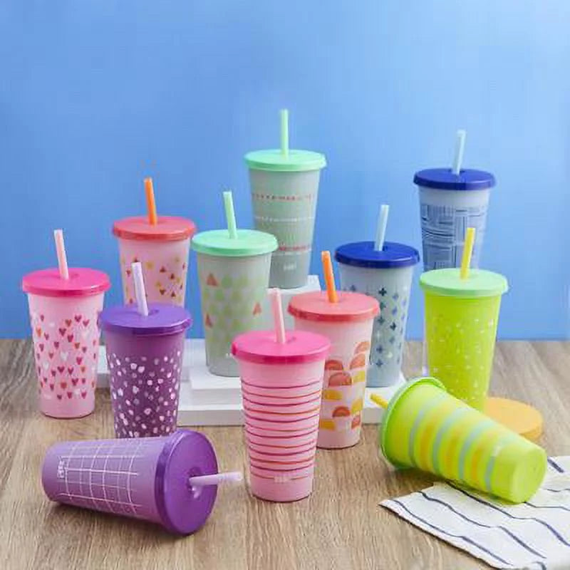 25 oz. Color-Changing Tumbler 12-Pack Set Plastic with Lids and Straws U83862