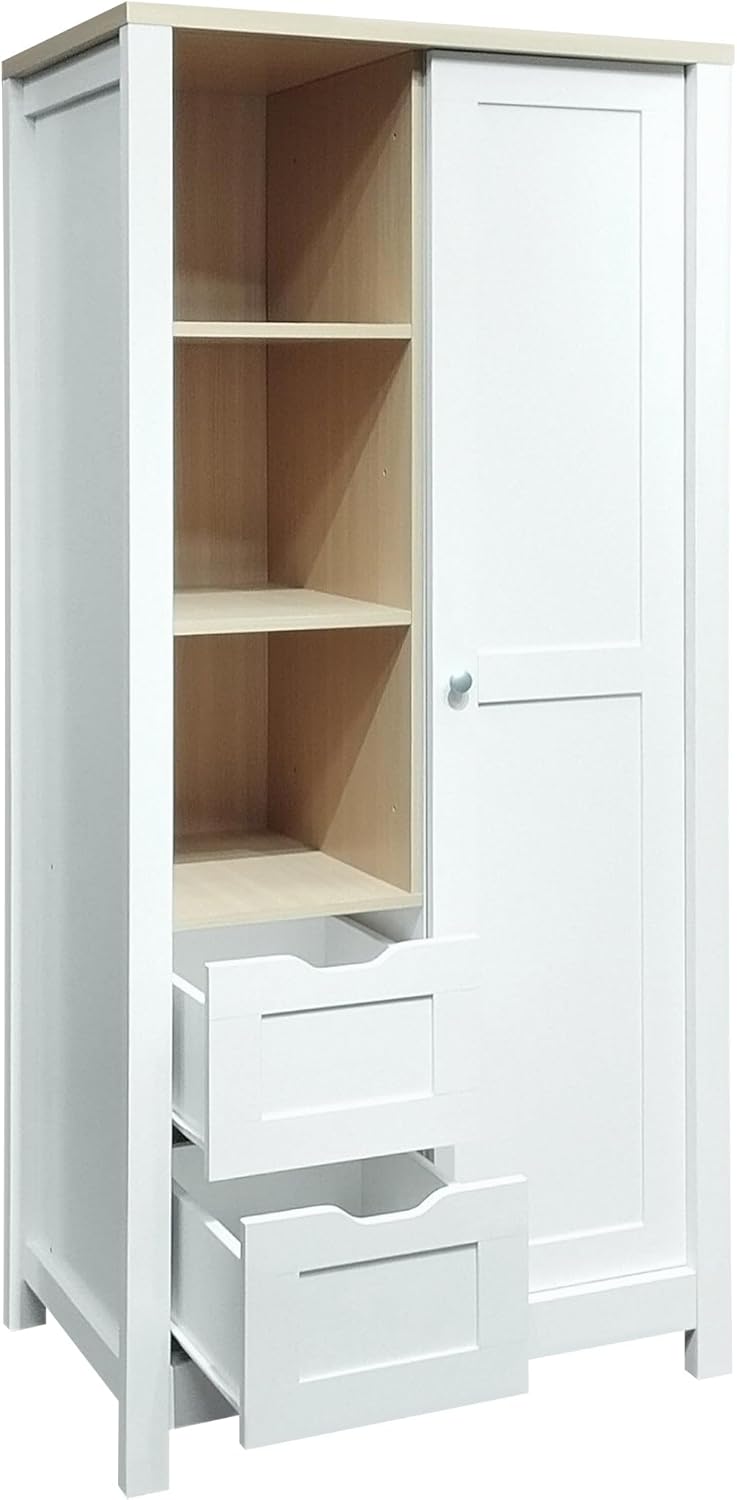 White Freestanding Wooden Armoire Wardrobe with 1 Sliding Door and 2 Drawers T554
