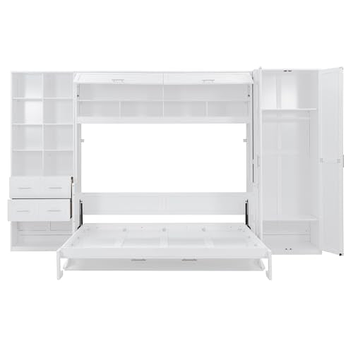 Queen Murphy Bed with Desk, Foldable Queen Wood Wall Bed with Storage Shelves, White Y990934