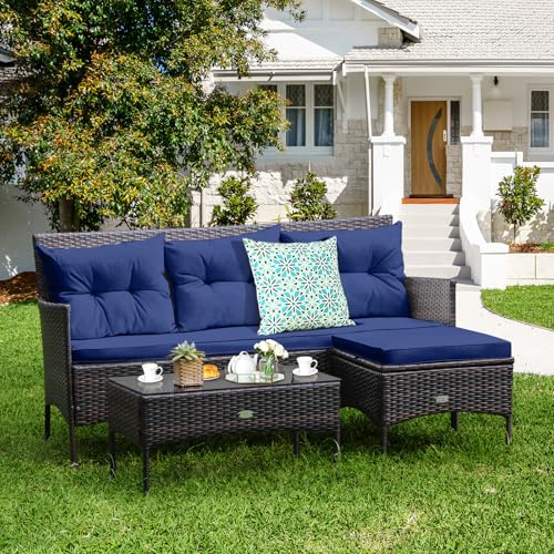 3 Pieces PE Rattan Wicker Patio Conversation Set with Cushions and Tempered Glass Coffee Table I98458