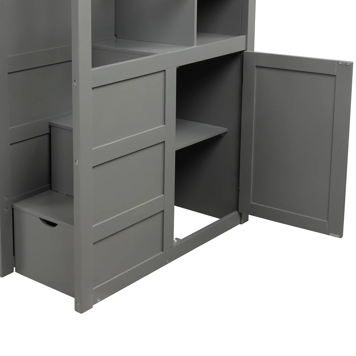 Twin over Twin or Twin over Full Bunk Bed with Drawers, Shelf and Storage Cabinet, Gray U1209