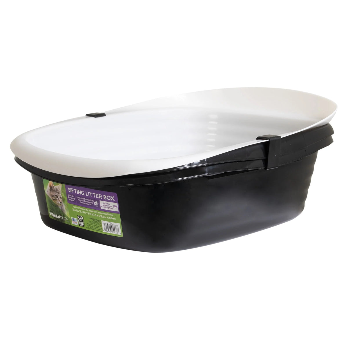 2 Open Top Plastic Cat Litter Pans and Tray, Large, Black J890