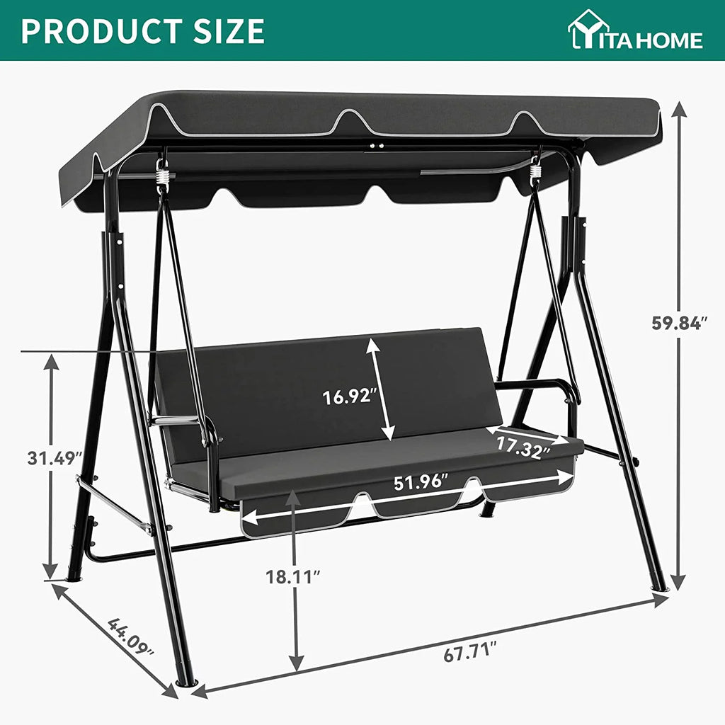 3-Seat Outdoor Swing Chair with Stand Adjustable Canopy Cushion Gray B2878