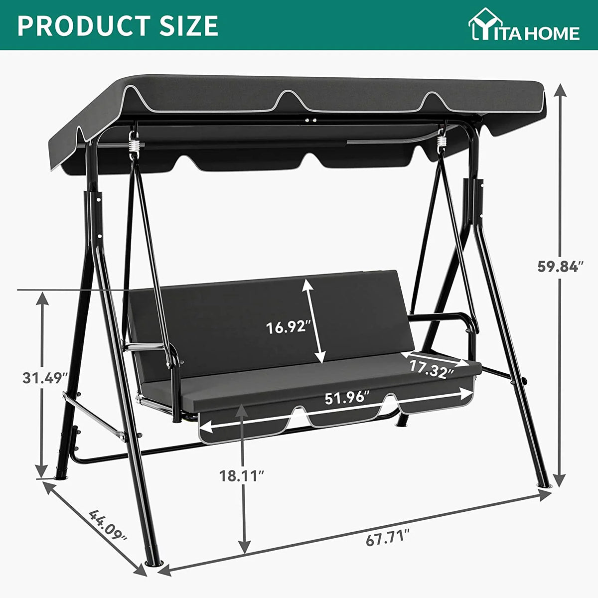 3-Seat Outdoor Swing Chair with Stand Adjustable Canopy Cushion Gray B2878