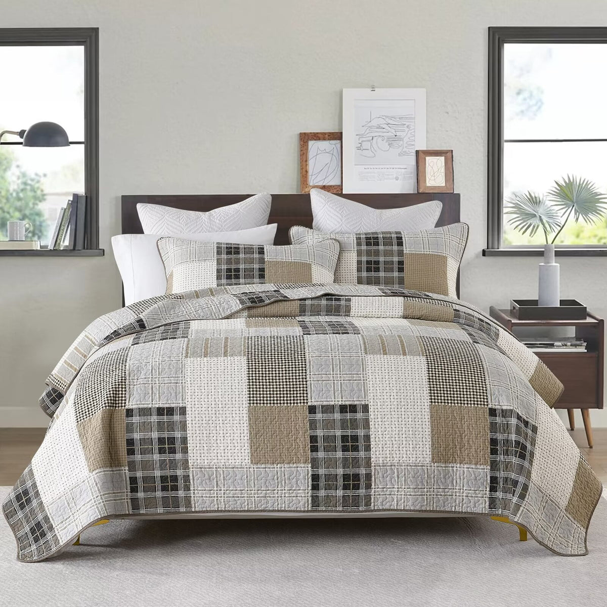 King Size 100% Cotton Beige Brown Patchwork Plaid Quilt Set 3-Piece O4744