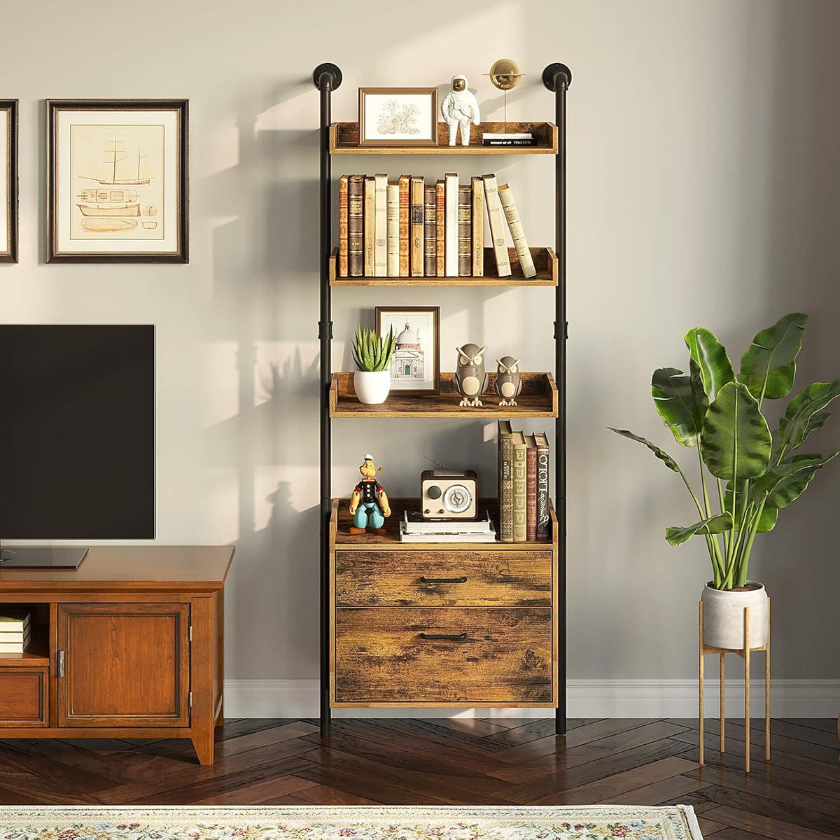 Industrial Bookshelf with 2 Wood Drawers, Wall Mounted 3-Tier Bookcase, Rustic Brown F5054