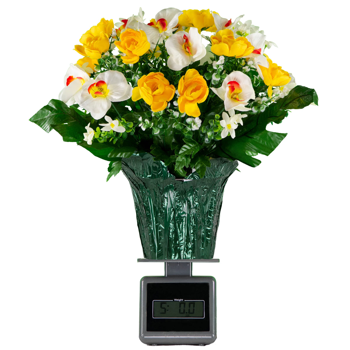 Artificial Yellow Cabbage Rose and White Orchids Flower Pot S9327