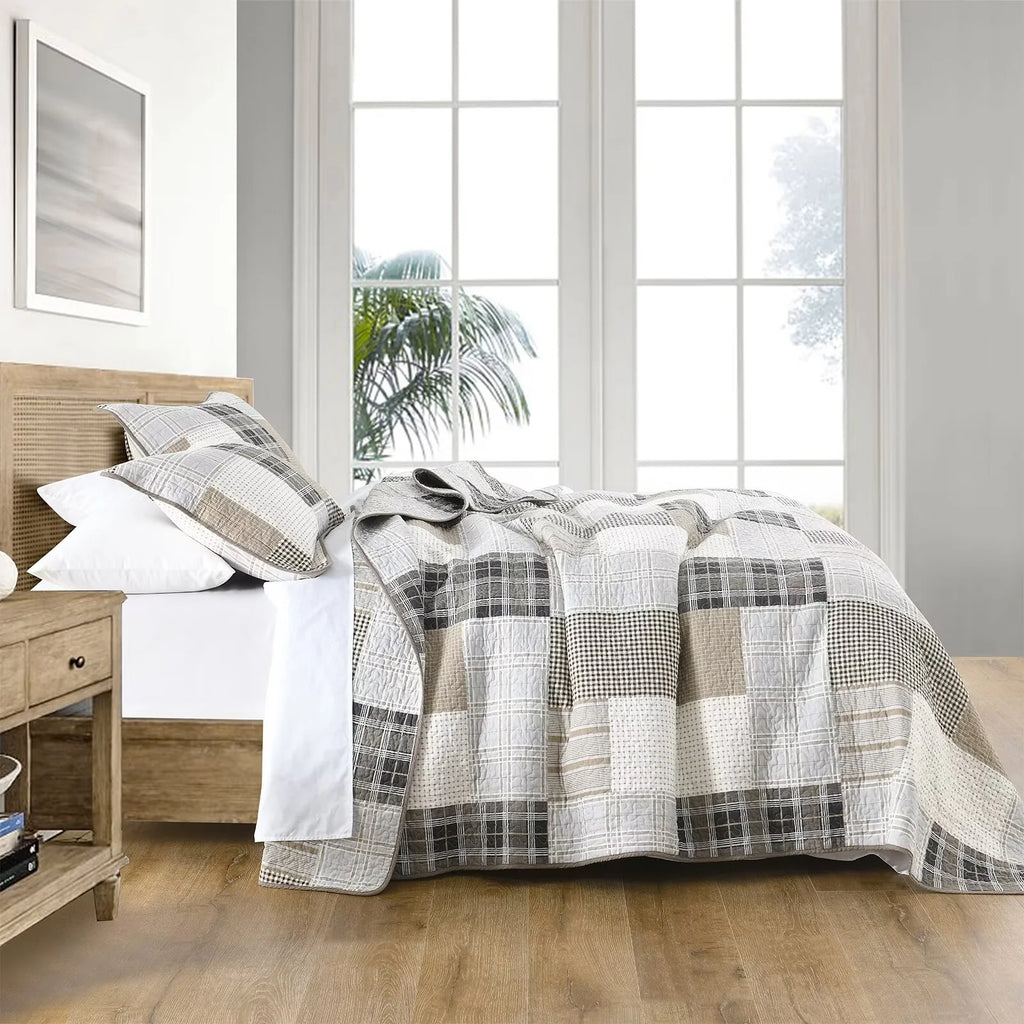 King Size 100% Cotton Beige Brown Patchwork Plaid Quilt Set 3-Piece O4744