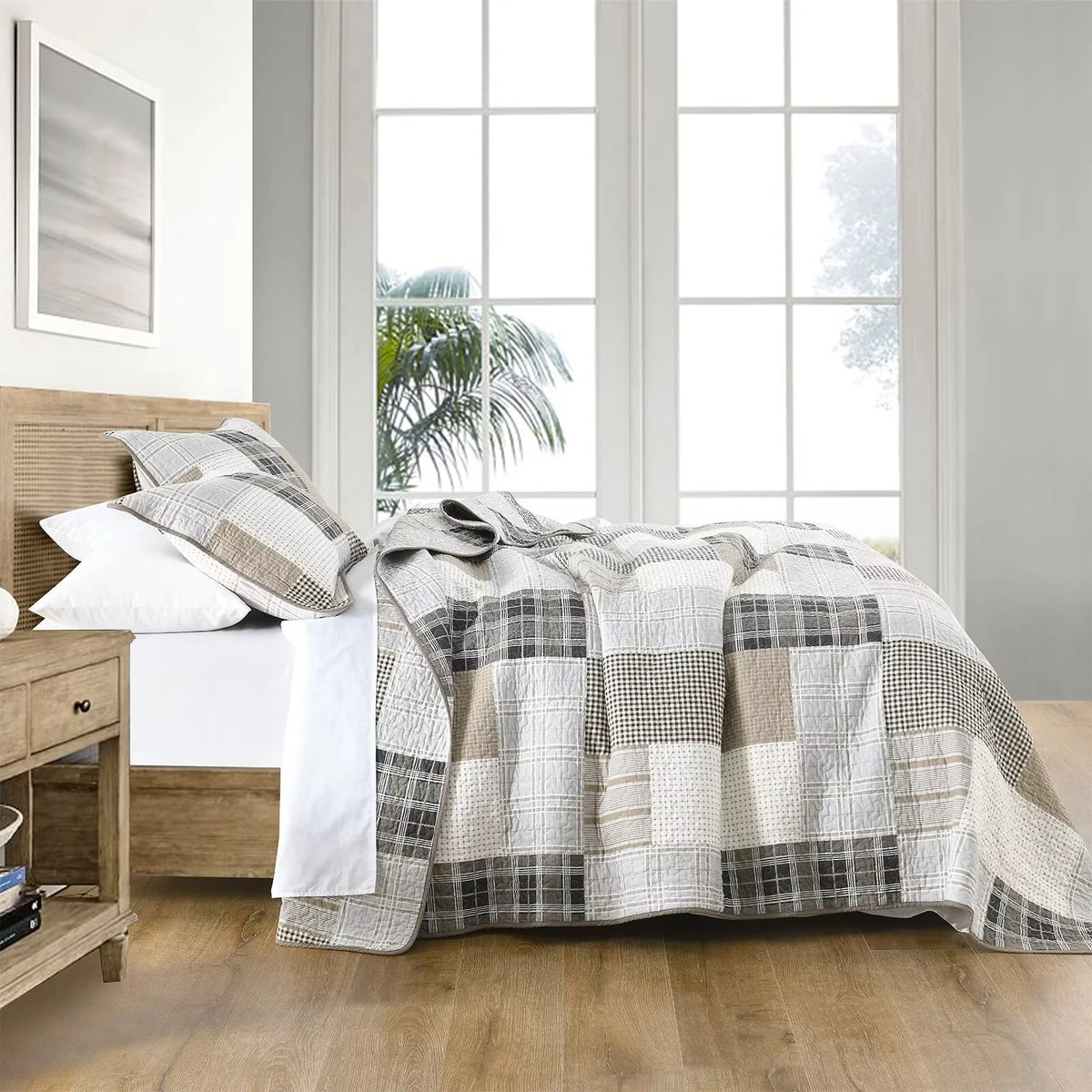 King Size 100% Cotton Beige Brown Patchwork Plaid Quilt Set 3-Piece O4744