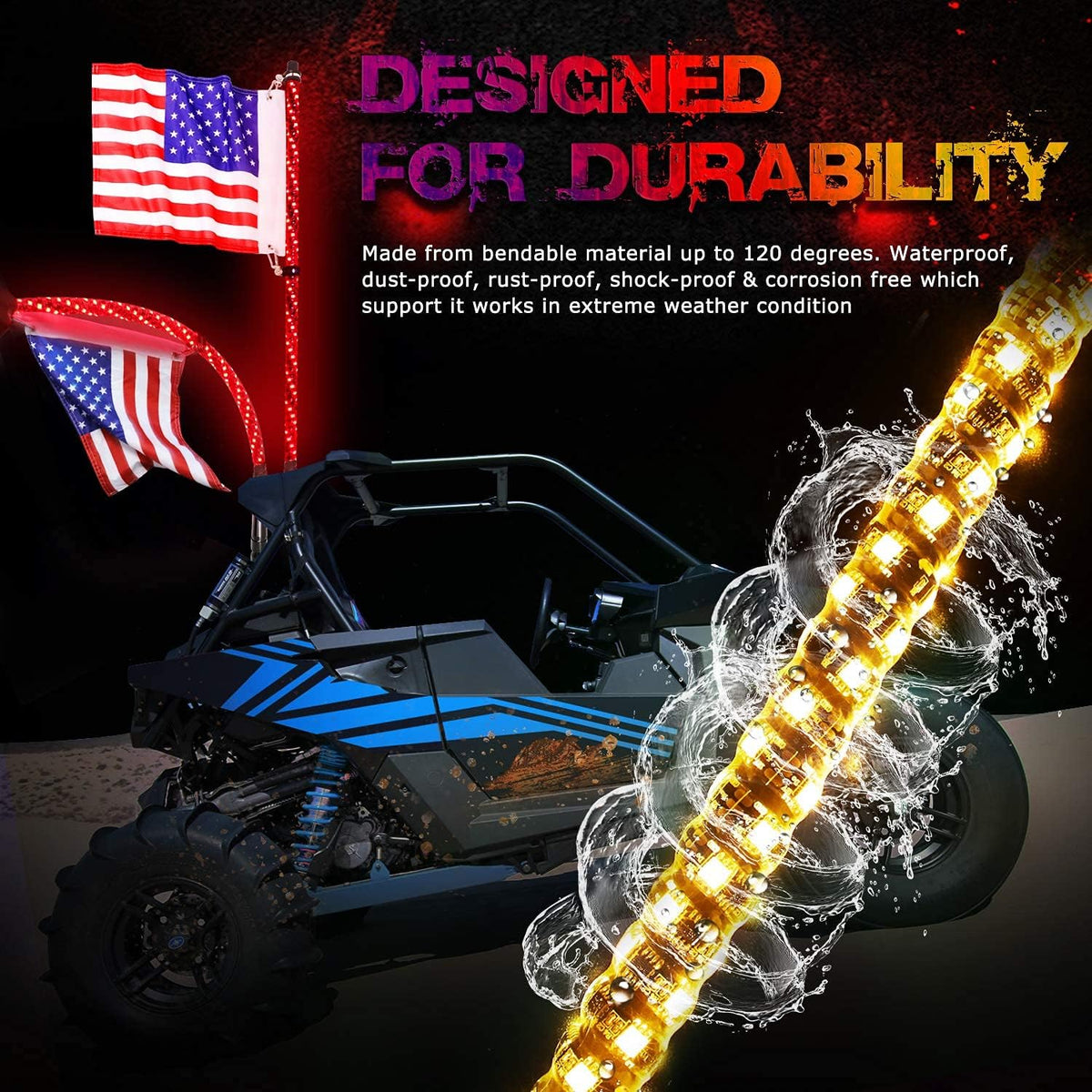 2PCS 3FT RGB Spiral LED Whip Lights for UTV ATV Offroad Trucks L209