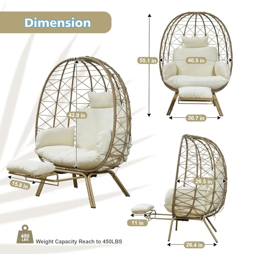 Oversized Beige Wicker Egg Chair with Cushion & Footrest C43527