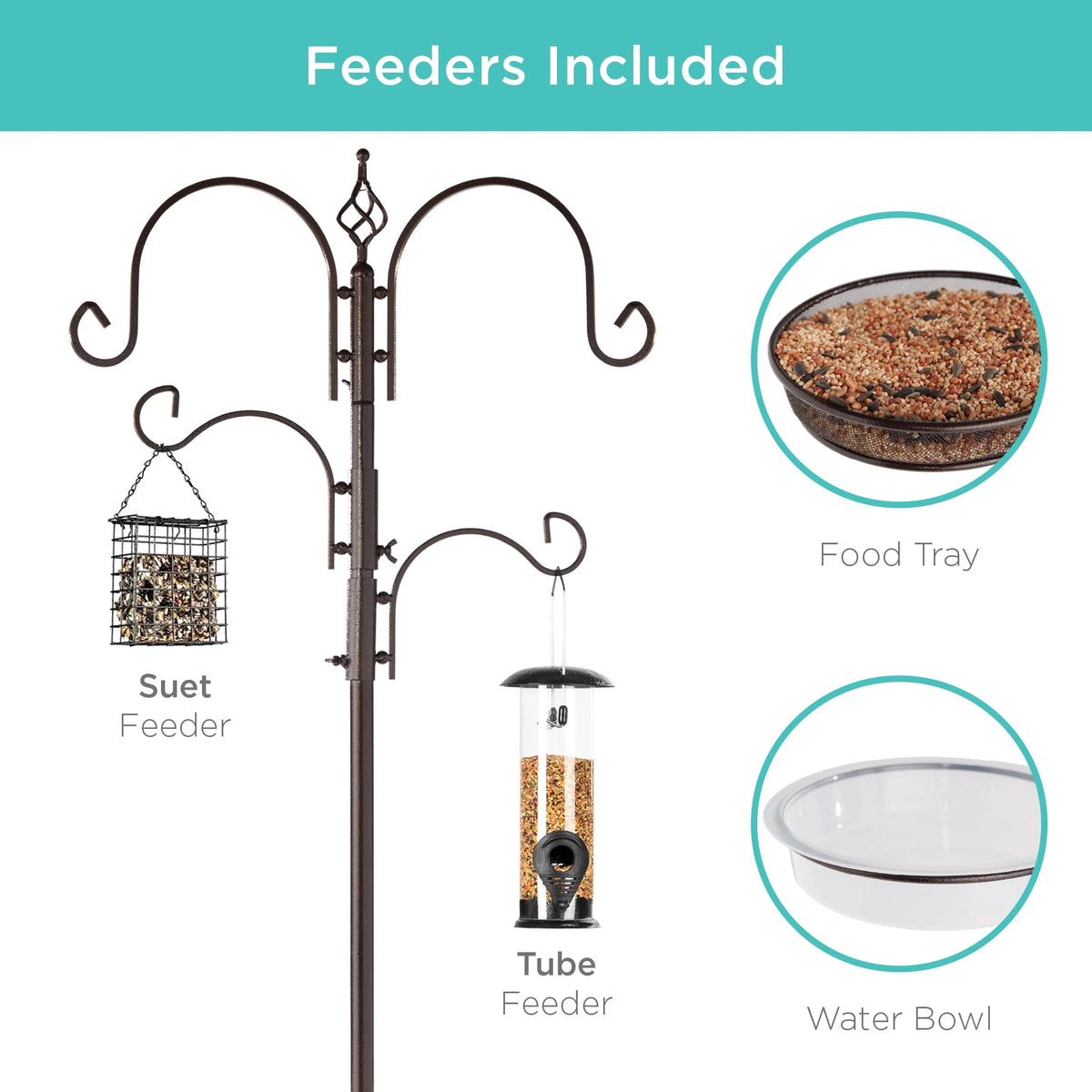 91in 4-Hook Steel Bird Feeding Station with Bird Bath K231172