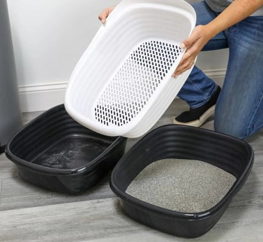 2 Open Top Plastic Cat Litter Pans and Tray, Large, Black J890