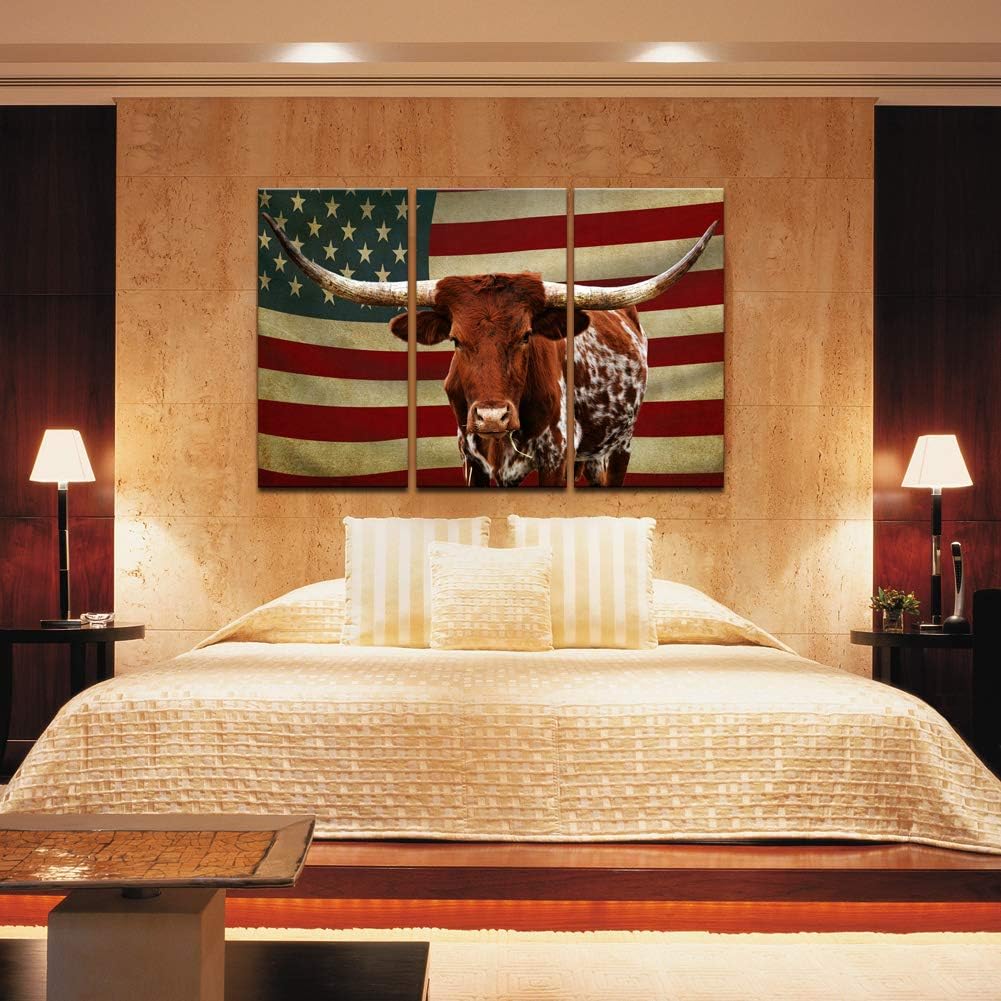3 Piece Canvas Print Texas Longhorn with American USA Flag Wall Art R528718