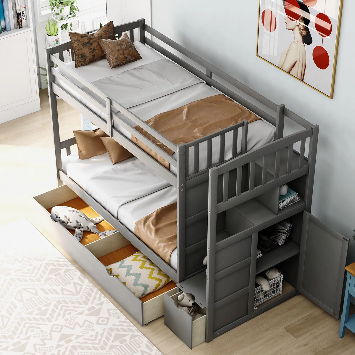 Twin over Twin or Twin over Full Bunk Bed with Drawers, Shelf and Storage Cabinet, Gray U1209