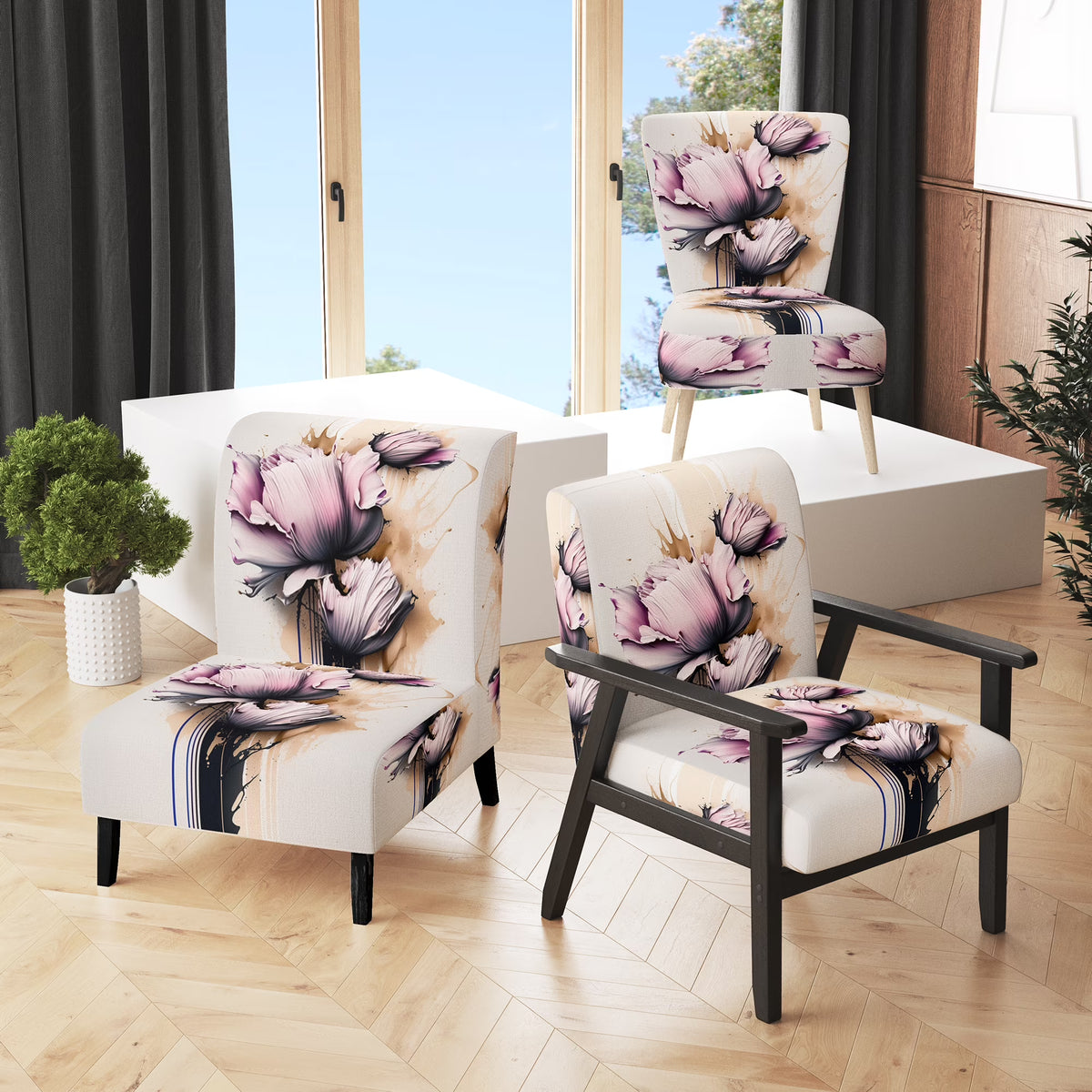 Pink Peony Flower On Abstract Paint Upholstered Floral Accent Chair W489982